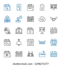 meeting icons set. Collection of meeting with calendar, working, agreement, teamwork, table, presentation, video call, employees, handshake. Editable and scalable meeting icons.