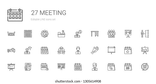 meeting icons set. Collection of meeting with calendar, employee, presentation, job search, projector, hand, businessman, team, teamwork. Editable and scalable meeting icons.