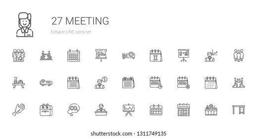 meeting icons set. Collection of meeting with calendar, presentation, employee, co, hand, projector, table, receptionist, teamwork, group. Editable and scalable meeting icons.