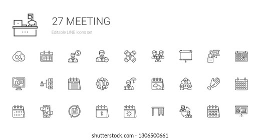 meeting icons set. Collection of meeting with employees, table, calendar, negotiation, team, employee, skills, video call, projector, teamwork. Editable and scalable meeting icons.