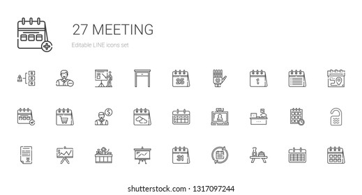 meeting icons set. Collection of meeting with table, calendar, presentation, receptionist, wedding contract, working, video call, employee. Editable and scalable meeting icons.