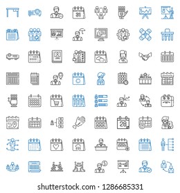 meeting icons set. Collection of meeting with teamwork, employee, presentation, agreement, calendar, team, skills, professor, hand, employees. Editable and scalable meeting icons.