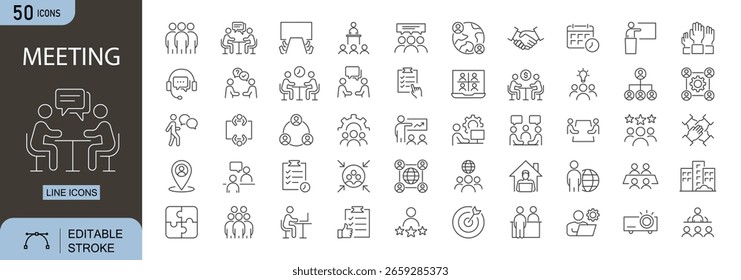 Ícones de reunião definidos. Inclui ícones para trabalho em equipe, discussão de negócios, bate-papo em grupo, colaboração, debate, conferência, chamada de vídeo, pauta e comunicação. Ícones de linha. Perfeito para infográficos.