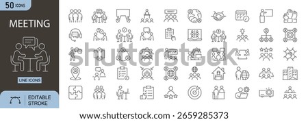 Meeting icons set. Includes icons for teamwork, business discussion, group chat, collaboration, brainstorming, conference, video call, agenda, and communication. Line icons. Perfect for infographics .