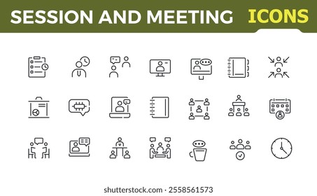 Meeting icons set in minimalist line style. Includes icons for brainstorm, office, teamwork, connect, staff and more. Modern web and UI icons. Editable vector stroke.