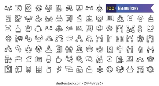 Meeting icons set. Outline set of online meeting vector icons for ui design. Outline icon collection. Editable stroke.