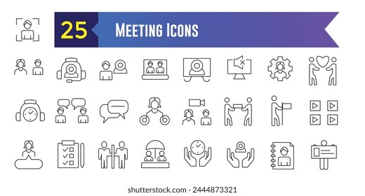 Meeting icons set. Outline set of online meeting vector icons for ui design. Outline icon collection. Editable stroke.