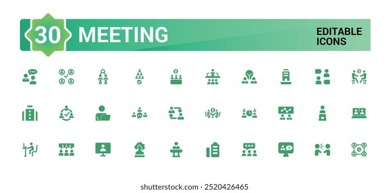 Conjunto de iconos de reunión. Conjunto sólido de iconos vectoriales de reuniones en línea para el diseño de interfaz de usuario. Icono de glifo para Web y ui. Conjunto de iconos rellenos. Ilustración vectorial.