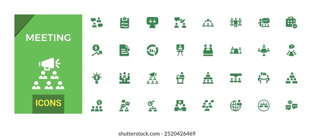 Conjunto de iconos de reunión. Conjunto sólido de iconos vectoriales de reuniones en línea para el diseño de interfaz de usuario. Icono de glifo para Web y ui. Conjunto de iconos rellenos. Ilustración vectorial.