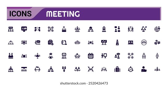 Meeting icons set. Solid set of online meeting vector icons for ui design. Glyph icon for web and ui. Filled icon set. Vector illustration.