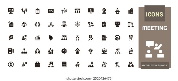 Meeting icons set. Solid set of online meeting vector icons for ui design. Glyph icon for web and ui. Filled icon set. Vector illustration.
