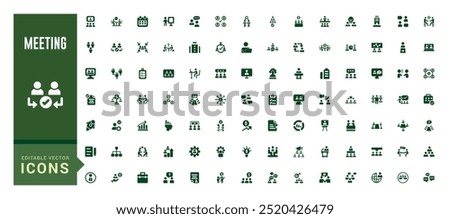 Meeting icons set. Solid set of online meeting vector icons for ui design. Glyph icon for web and ui. Filled icon set. Vector illustration.