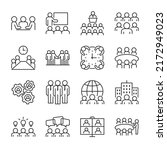 Meeting icons set. Team of employees. Employee meeting. A meeting, a board of directors, a meeting of people and a roundtable discussion, session, linear icon collection. Line with editable stroke