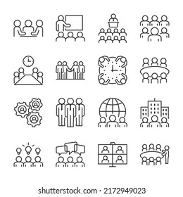 Meeting icons set. Team of employees. Employee meeting. A meeting, a board of directors, a meeting of people and a roundtable discussion, session, linear icon collection. Line with editable stroke - Shutterstock ID 2172949023