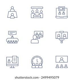 Meeting icons set. Thin Line style, editable stroke. meeting, online conference, online interview, schedule, video call, videocall, virtual event.