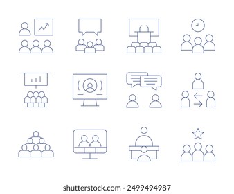 Meeting icons. Thin Line style, editable stroke. video call, team, video conference, brief, conference, conference room, discussion, group, interview, meeting, teamwork, mediator.