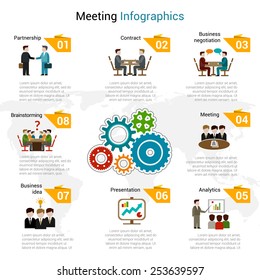 Meeting infographics set with partnership contract business negotiation brainstorming symbols vector illustration