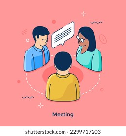 Meeting isometric concept vector illustration. Company employees sharing ideas. Communication cartoon composition on pink background for web design. Creative idea for website, mobile, presentation