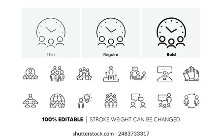 Meeting, job structure, team. Business people line icons set. Group people, communication, member icons. Congress, talk person, partnership. Job interview, business idea, voting. Vector