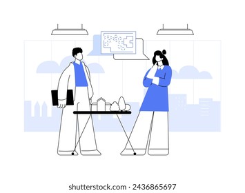 Meeting landscape designer abstract concept vector illustration. Woman contracting a professional landscape designer, discuss project, exterior works, territory improvement abstract metaphor.