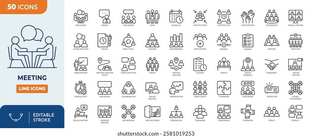 Meeting line editable icon set. Containing Conference, team, group, presentation, teamwork, and more. Vector illustration