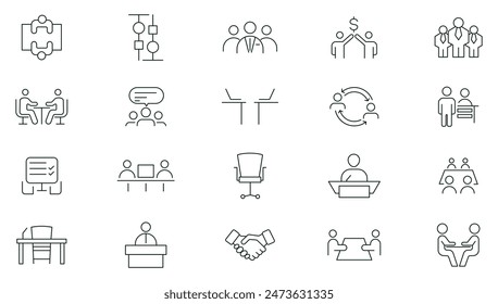 Meeting line icon set collection. Conference, team, group, presentation, meeting room, team, teamwork, presentation, idea, brainstorm, seminar, interview outline icon set. Thin outline icon pack. 