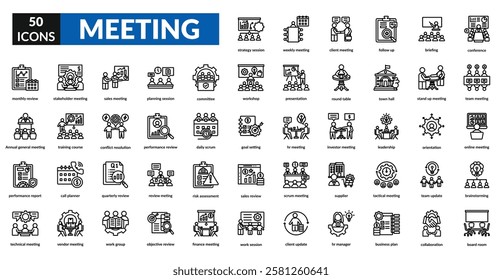 Meeting line icon set collection. Briefing, board room, monthly review, goal setting, workshop, corporate, seminar, networking, consultation, decision, agreement, leadership, reporting