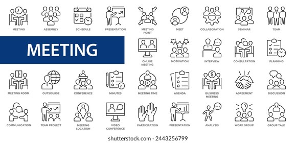 Meeting line icon set. Conference, classroom, containing seminar, team, work, classroom outline collection.