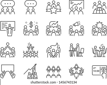 Conjunto de iconos de la línea de reunión. Iconos incluidos como sala de reuniones, equipo, trabajo en equipo, presentación, idea, brainstorm y más.