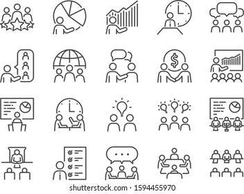 Meeting line icon set. Included icons as meeting room, team, teamwork, presentation, idea, brainstorm and more.