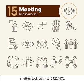 Meeting line icon set. Team, partners, staff. Business concept. Can be used for topics like leadership, dealing, partnership