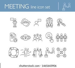 Meeting line icon set. Team, partners, staff. Business concept. Can be used for topics like leadership, dealing, partnership