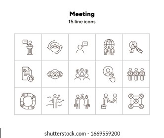 Meeting line icon set. Team, partners, staff. Business concept. Can be used for topics like leadership, dealing, partnership
