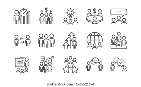 Meeting line icons set. Conference, seminar discussion, classroom. Team, work and business idea icons. Classroom job, people management. Presentation, office meeting, consultation. Linear set. Vector