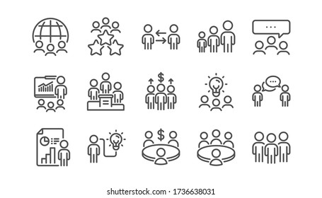 Einstellung der Symbole der Sitzungszeile. Leute, Klassenjob, Seminar. Icons für Team, Arbeit und Geschäftsideen. Diskussion, Seminarraum, Personalmanagement. Präsentation, Sitzung des Büros, Beratung. Vector