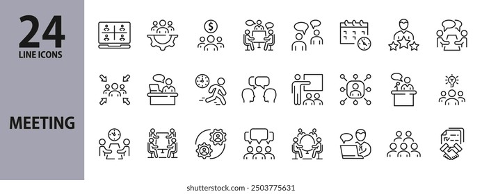 Meeting line icons set with Presentation, Seminar, Idea, Work, Time, and more. Editable Stroke