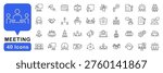 Meeting in line style set. Editable web icons for conference, business meating, discussion, planning, event, teamwork, seminar etc. Vector illustration.