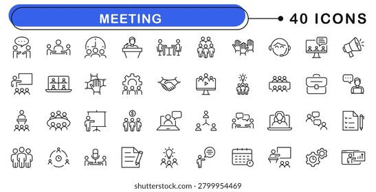 Meeting in line style set. Editable web icons for conference, business meating, discussion, planning, event, teamwork, seminar etc. Vector illustration.