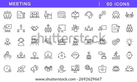 Meeting in line style set. Editable web icons for conference, business meating, discussion, planning, event, teamwork, seminar etc. Vector illustration.