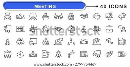 Meeting in line style set. Editable web icons for conference, business meating, discussion, planning, event, teamwork, seminar etc. Vector illustration.