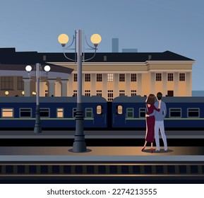 Reunión de amantes en la estación de tren. Vector.