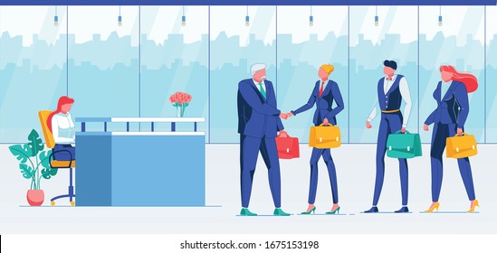 Treffen, Deal Flat Vektorillustration Illustration. Firmenvorstand, Geschäftspartner, Vorstandsvorsitzende Gesichtslose Persönlichkeiten. Partnerschaft, Geschäftshandlungen, Gruß, Zusammenarbeit, Teamwork-Konzept