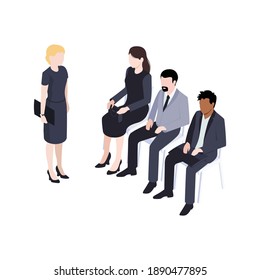 Meeting of male and female business people in office 3d isometric vector illustration