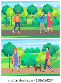 Meeting of man and woman in park, passerby on roller-skates, people going on road near trees, walking of male and female character, person with dog vector