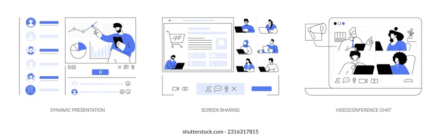 Conjunto de ilustraciones vectoriales de concepto abstracto de administración de reuniones. Presentación dinámica en línea, uso compartido de pantalla, videoconferencia, trabajo en equipo de la empresa, metáfora abstracta de tecnología empresarial.