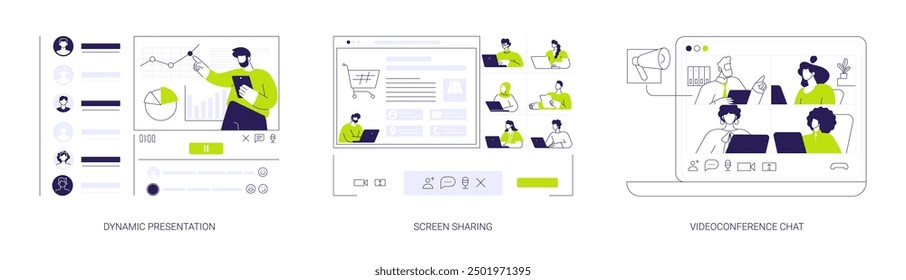 Conjunto de Ilustración vectorial de concepto abstracto de gestión de reuniones. Presentación dinámica en línea, uso compartido de pantalla, chat de videoconferencia, trabajo en equipo de la empresa, metáfora abstracta de la tecnología empresarial.