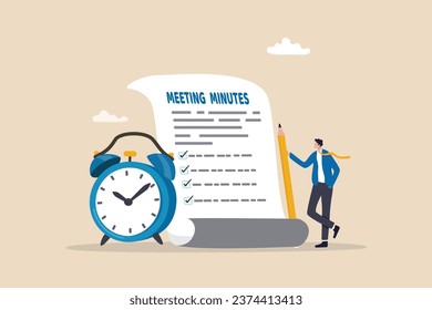 Meeting minutes, lecture summary or meeting conclusion document, effective writing for discussion plan, note or information report concept, businessman writing meeting minutes with alarm clock.