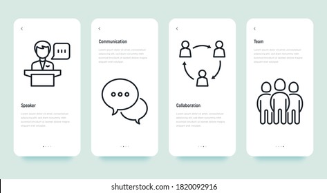 Meeting Mobile User Interface With Thin Line Icons: Speaker, Communication, Collaboration, Teamwork. Vector Illustration, Template With Copy Space.