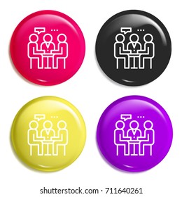Meeting multi color glossy badge icon set. Realistic shiny badge icon or logo mockup
