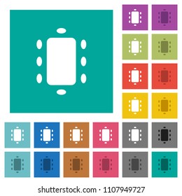Meeting multi colored flat icons on plain square backgrounds. Included white and darker icon variations for hover or active effects.